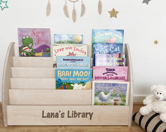 Personalised Montessori bookcase, with natural wax finish wooden bookshelf for kids