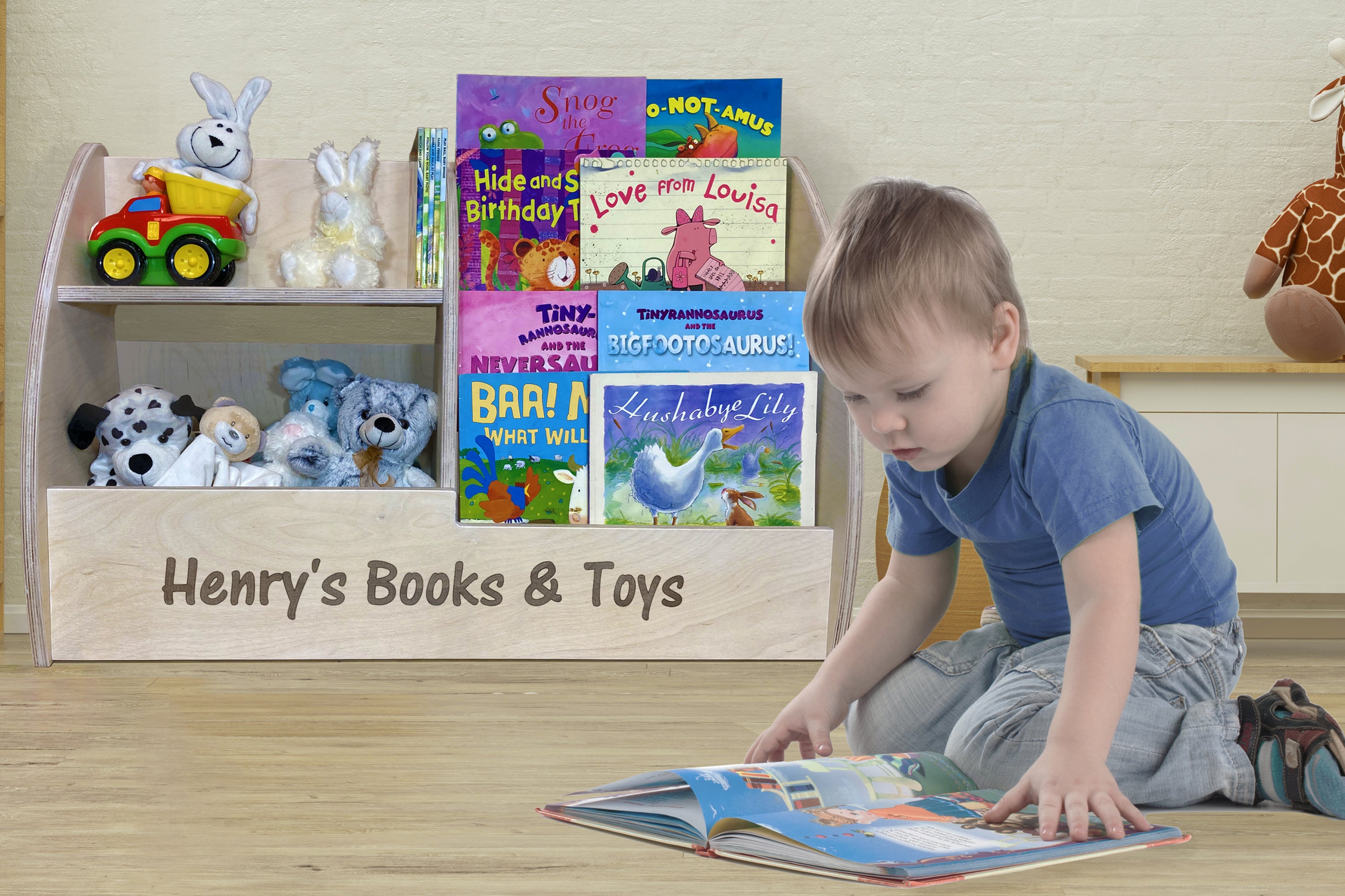 kids montessori books and toys storage personalised