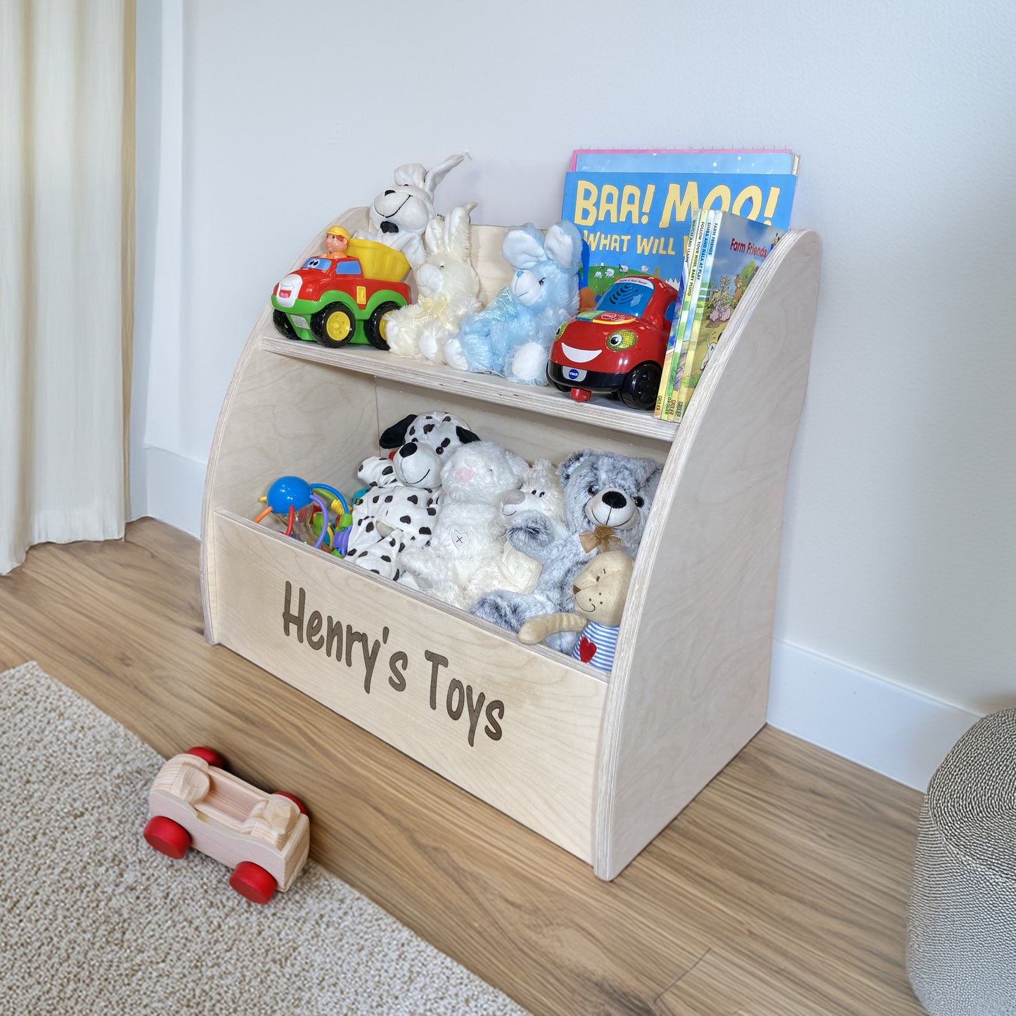 personalised wooden Toy Box in nursery room