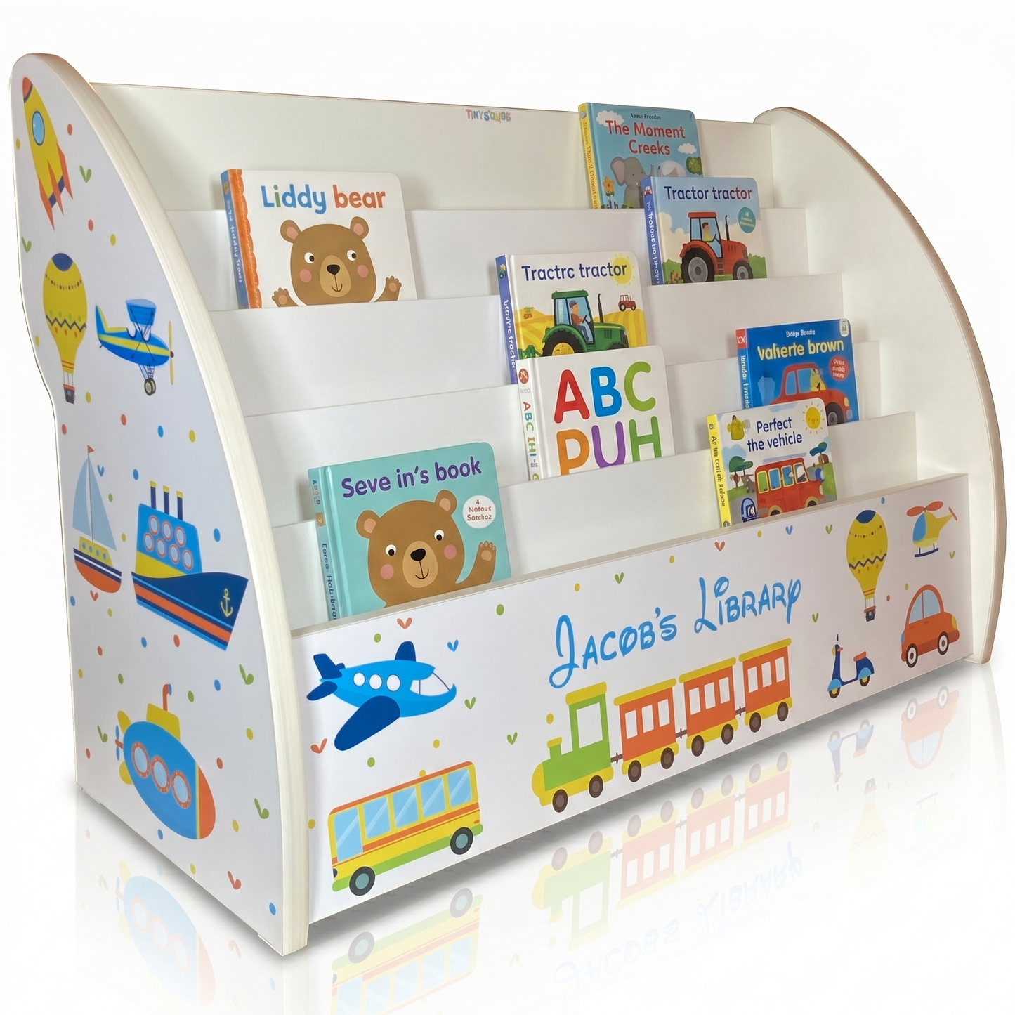 Transport Bookcase for Boys Personalised with Cars and Train Bookshelf comes Fully Assembled