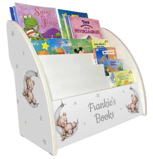 Children's bookshelf with bear and stars and moon theme on a white background
