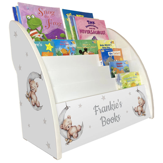 Children's bookshelf with bear and stars and moon theme on a white background