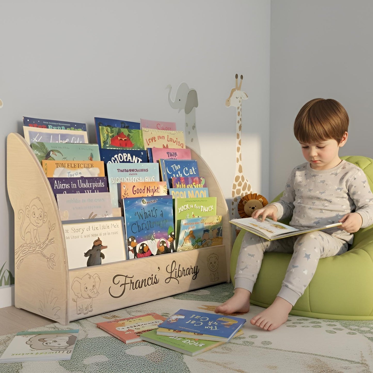 Personalised Children's wooden bookshelf with safari animals engraving
