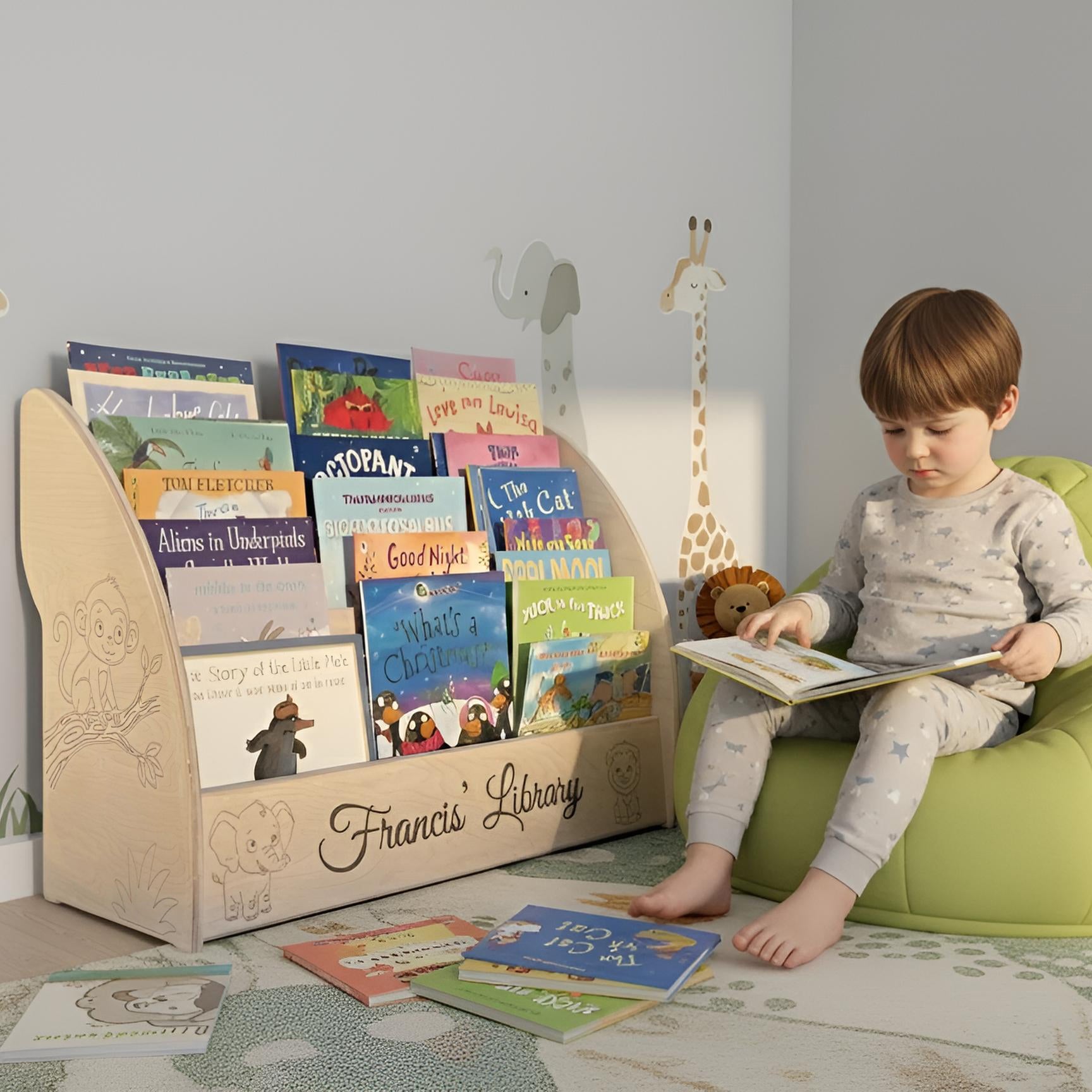 Personalised Children's wooden bookshelf with safari animals engraving