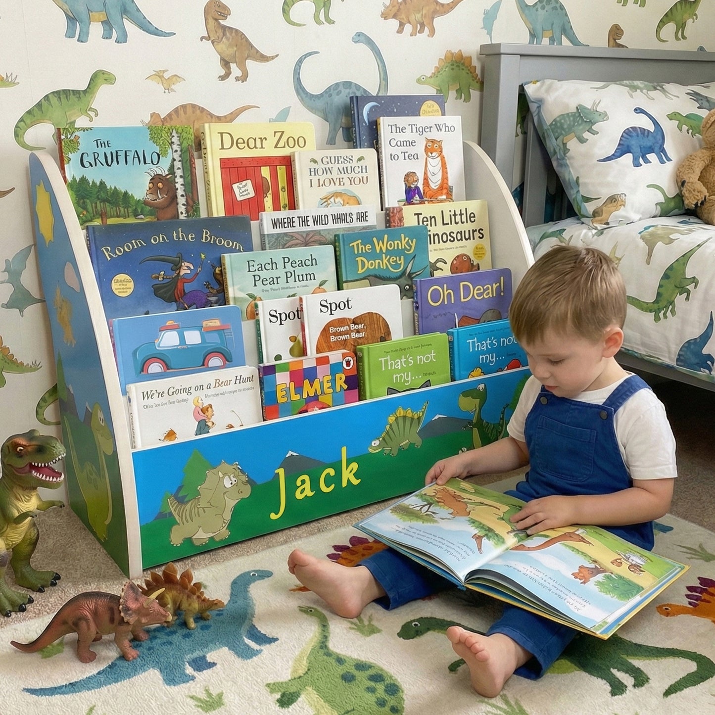Dinosaurs Bookcase with name - Handmade Dino theme Bookshelf comes Fully Assembled