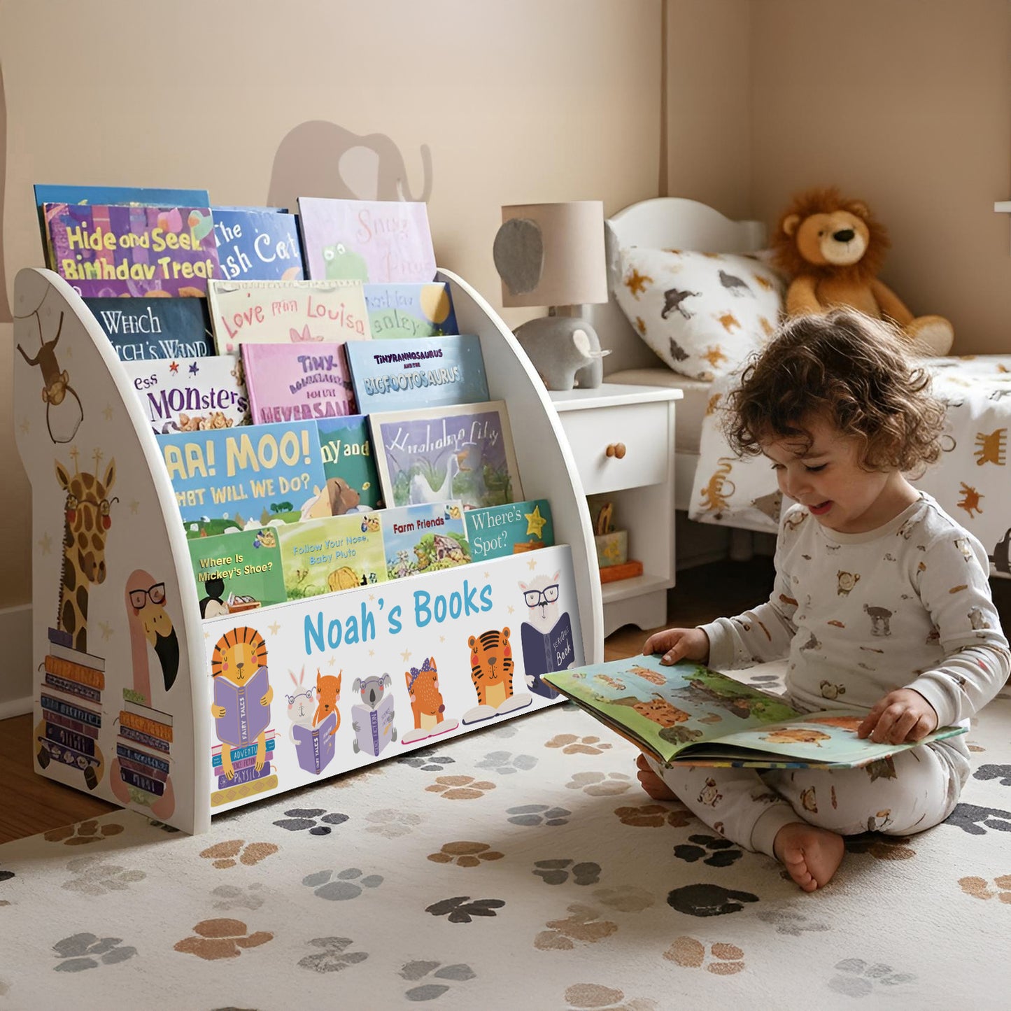 Reading Safari Animals Children's Bookcase with Name comes Fully Assembled