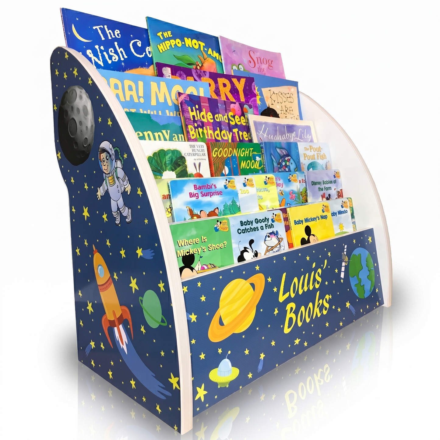Kids Bookcase with planets and rockets and stars, bookshelf rockets planets spaceships astronaut