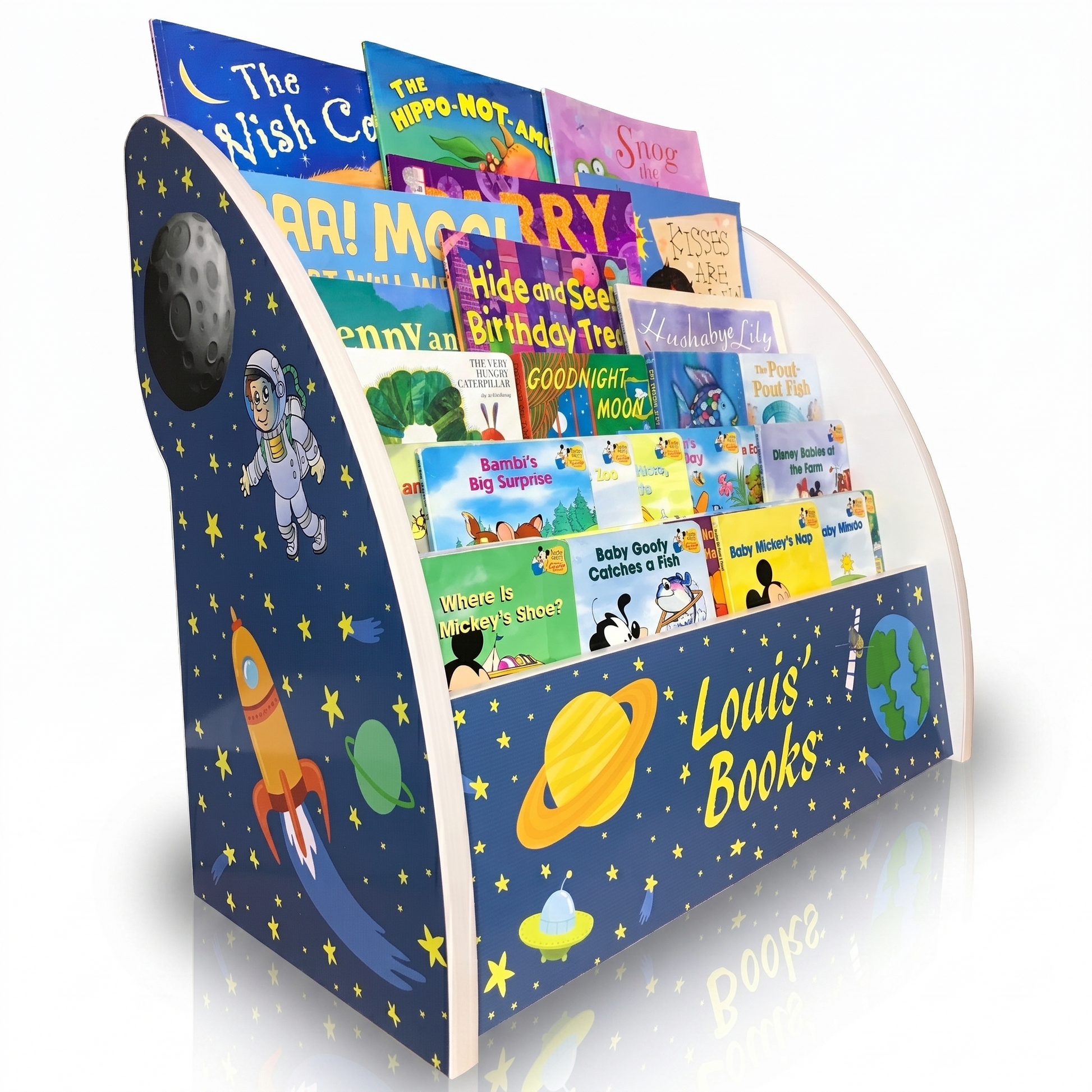 Kids Bookcase with planets and rockets and stars, bookshelf rockets planets spaceships astronaut