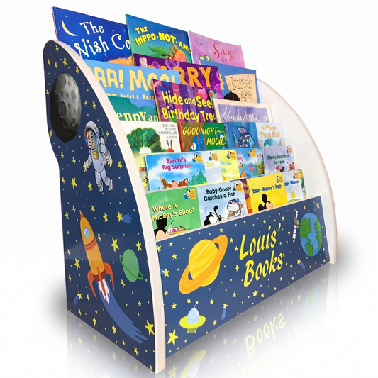 Kids Bookcase with planets and rockets and stars, bookshelf rockets planets spaceships astronaut