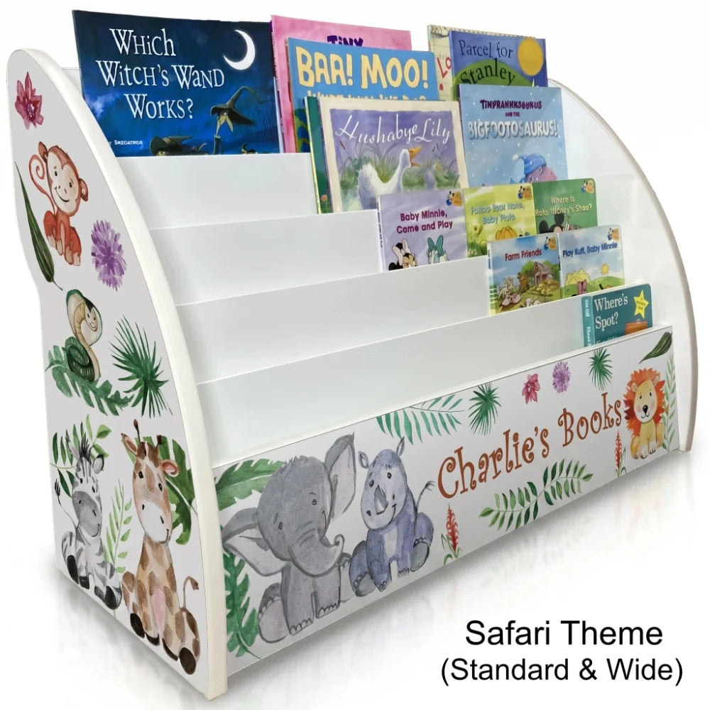Children's bookshelf with animal-themed design and books on a white background