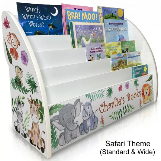 Children's bookshelf with animal-themed design and books on a white background