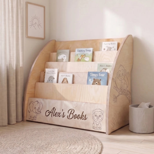 wooden bookshelf with name