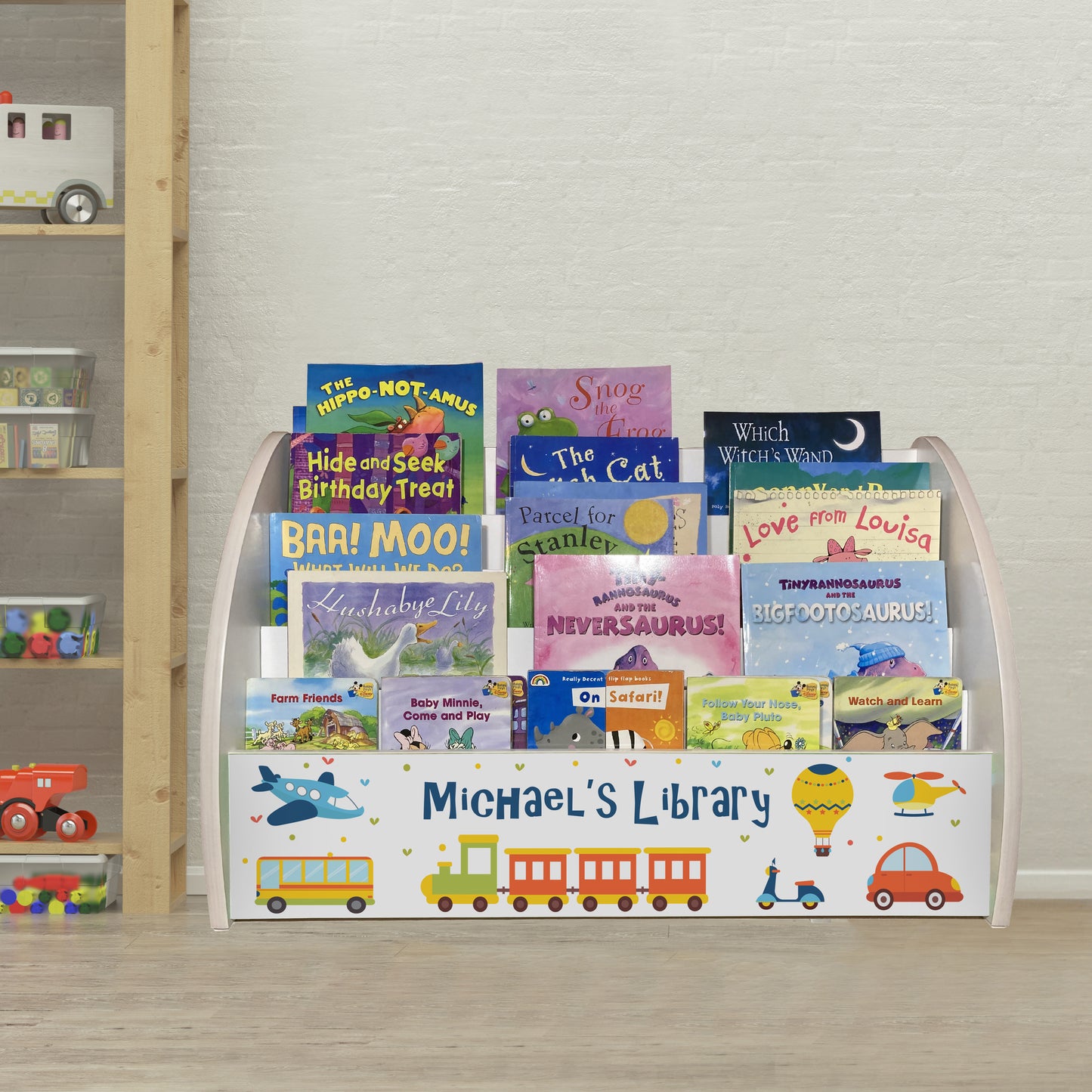 Transport Bookcase for Boys Personalised with Cars and Train Bookshelf comes Fully Assembled
