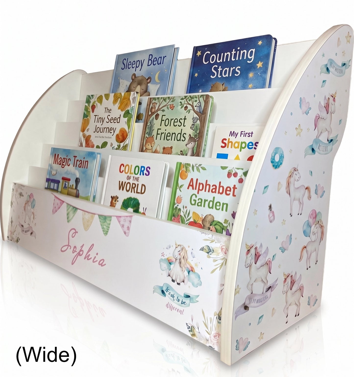 Unicorns Bookcase for Girls Personalised with Name, Handmade in UK Bookshelf comes Fully Assembled