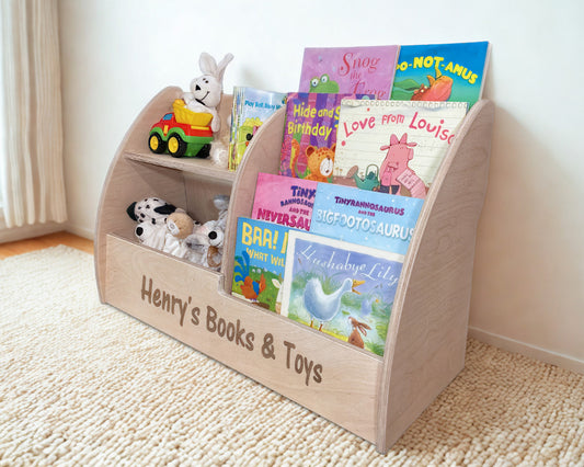 montessori organiser for books and toys storage with personalised engraving