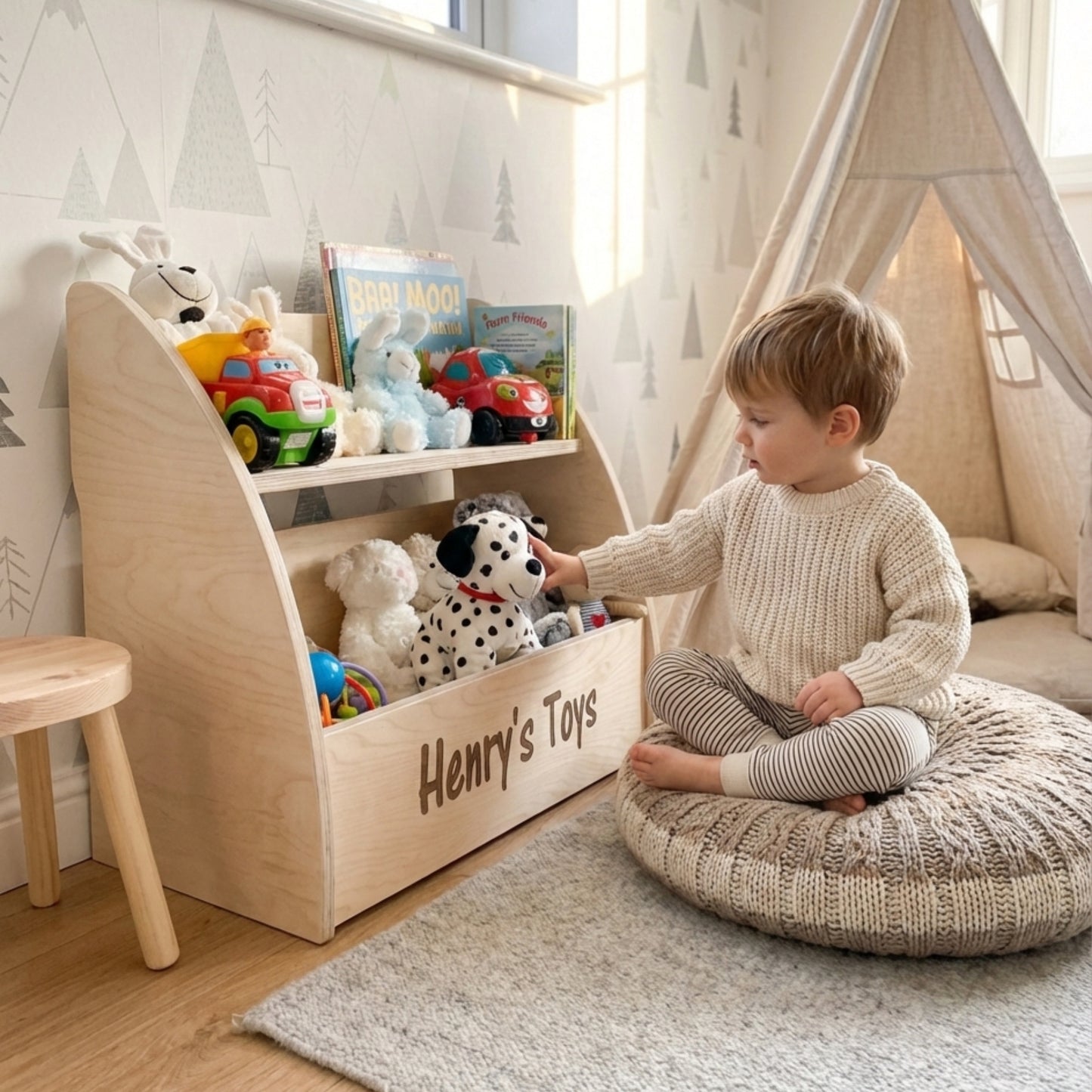 personalised wooden Toy Box in nursery room