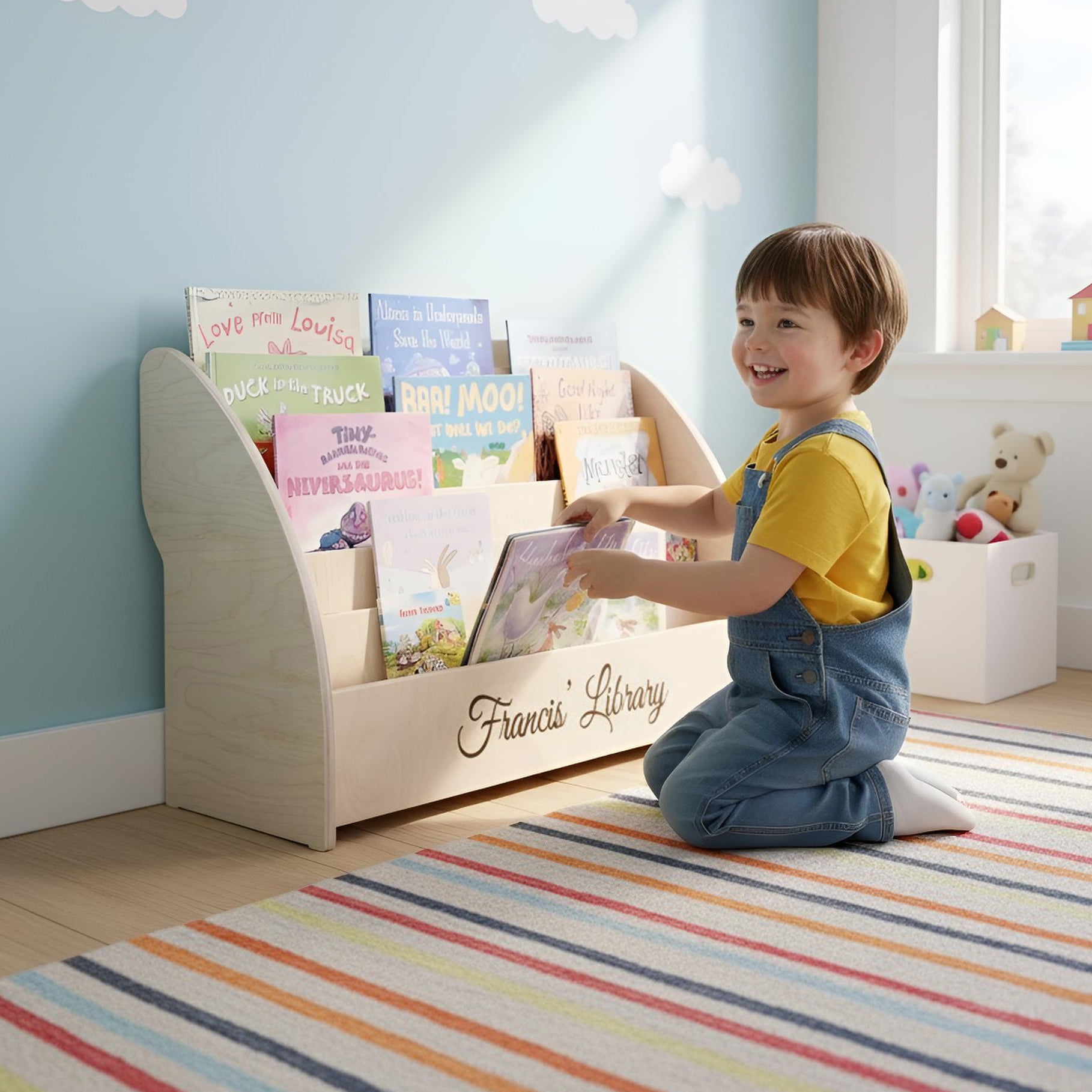 wooden bookshelf with name