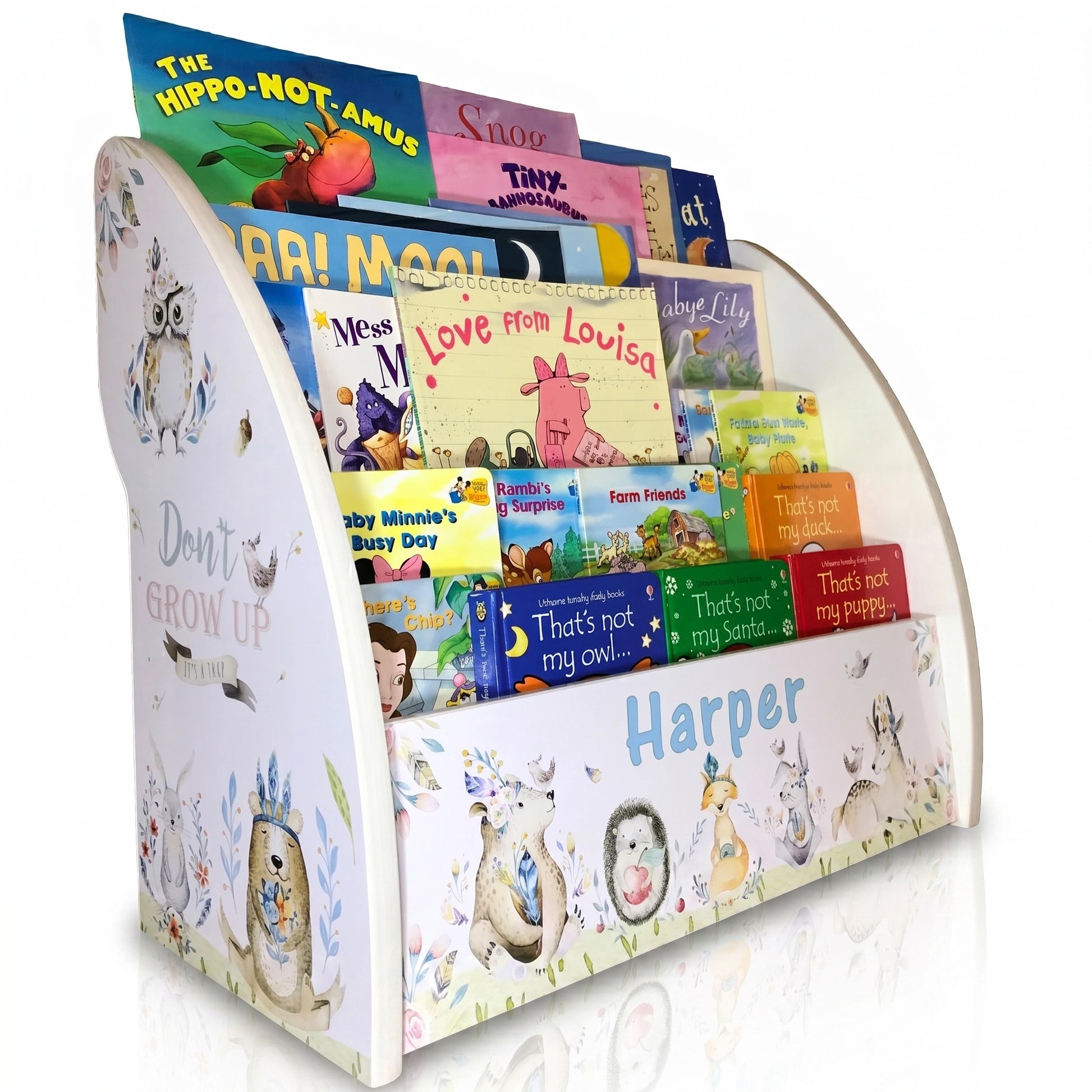 Personalised Child Bookcase with cute woodland animals, woodland animals kids bookshelf, personalised woodland bookcase, cute animals bookshelf, cute animals bookcase, personalised animals bedroom