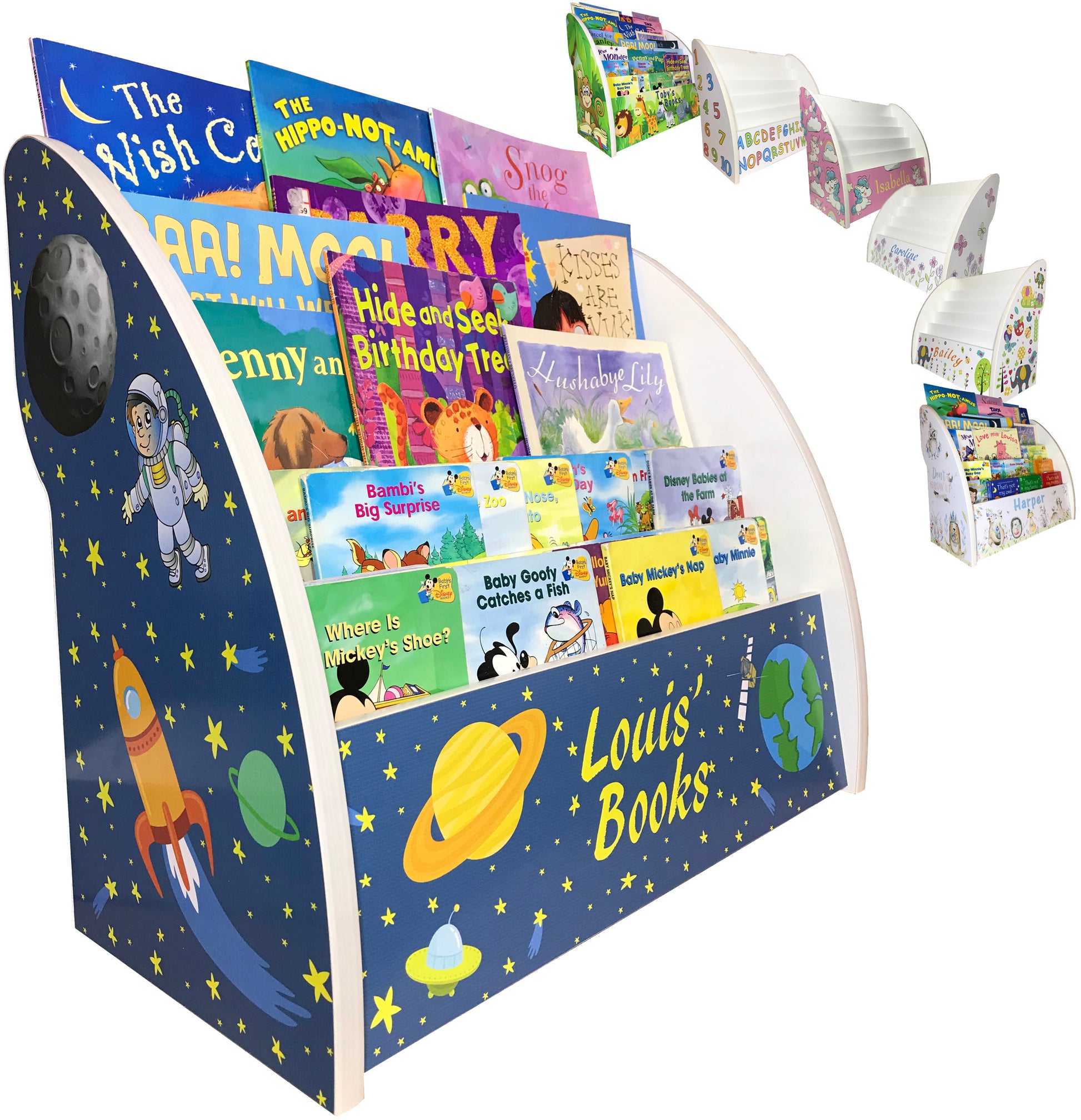 Kids Bookcase with planets and rockets and stars
